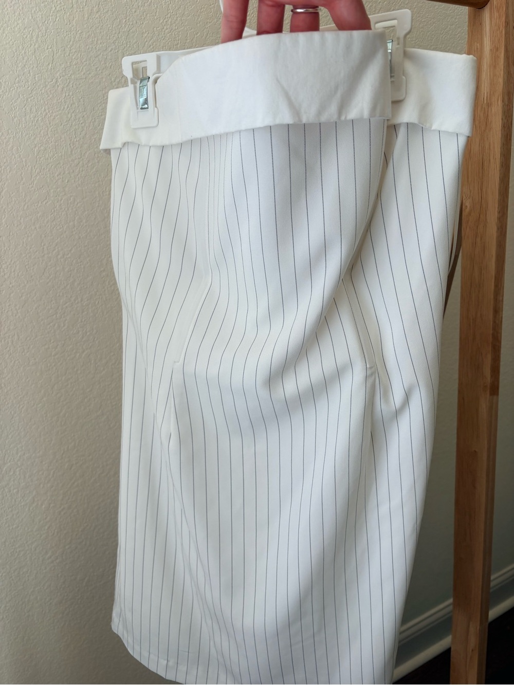 Crescent White Strapless Pinstripe Midi Dress